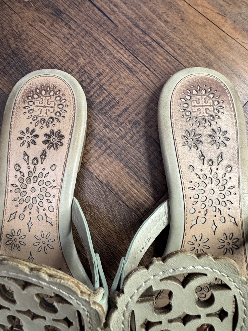 Tory Burch Miller Scalloped Medallion Sandals in a neutral beige or almond - Picture 2 of 16